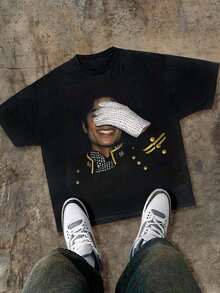 Double-Sided Printed (220-Count Cotton T-Shirt) Men's Y2K T-Shirt - American Street Style! Street Style T-Shirt, Unisex Printed T-Shirt, Oversized T-Shirt, Jackson, Music, Short-Sleeved Printed T-Shirt, Men's T-Shirt, Black Printed T-Shirt, Loose Retro Fit, Suitable For Young Men's Casual Wear. - 黑色 - 查看 1