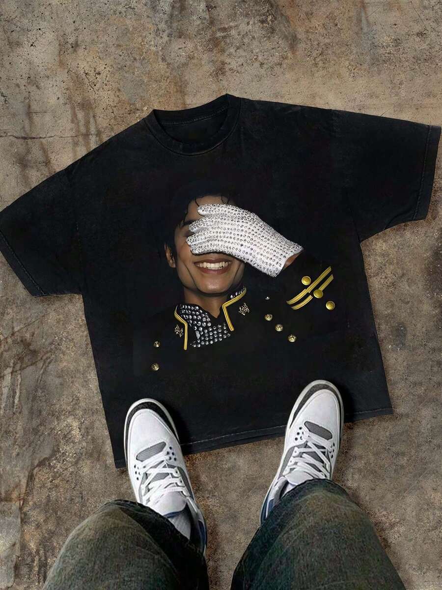 Double-Sided Printed (220-Count Cotton T-Shirt) Men's Y2K T-Shirt - American Street Style! Street Style T-Shirt, Unisex Printed T-Shirt, Oversized T-Shirt, Jackson, Music, Short-Sleeved Printed T-Shirt, Men's T-Shirt, Black Printed T-Shirt, Loose Retro Fit, Suitable For Young Men's Casual Wear. - 黑色 - 查看 1