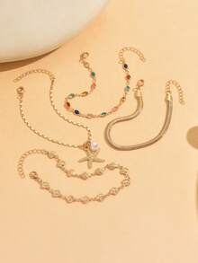 4pcs/Set Gelang Kaki Gaya Pantai Musim Panas dari Paduan Emas, Liontin Bintang Laut Modis dengan Manik-Manik Kristal Warna-warni, Cocok untuk Pemakaian Sehari-hari dan Liburan Pantai, Warna Kristal Acak - MultiWarna - View 3