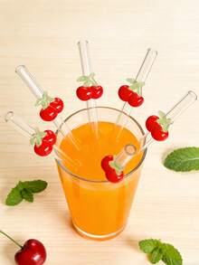 1/2/5pcs Reusable Glass Straws With Cherry Decoration, Cute Cartoon Bent Transparent Glass Drinking Straws Tableware Set, Suitable For Kitchen Accessories, Water Cups, Straw Tops, Smoothies, Bubble Tea, Juices, Cocktails, Cold Drinks, Ideal For Back To School, Hen Party, Wedding, Travel, Fun Gift For Girlfriend/Boyfriend, Graduation, Party, Easter - View 3