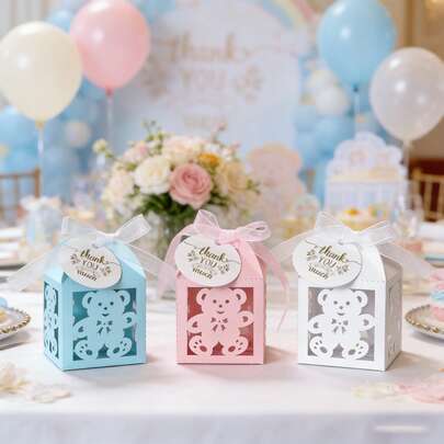 10pcs Bear Shower Candy Boxes With Ribbons And Tags - Cute Party Favor Boxes, Birthday Wedding Decoration Small Gift Boxes - Pink, Blue, White Party Supplies (Paper Boxes)