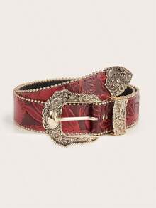 Women's Vintage All-Match Western Style PU Leather Belt With Three Buckles & Carved Flowers, Leopard & Cow Pattern Halloween Summer, School Fall, Autumn, Halloween - 黑色 - 查看 11