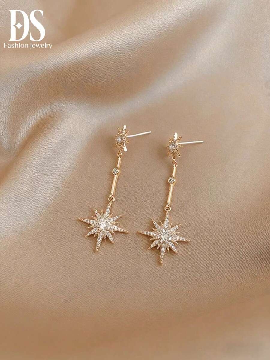 八角星长耳环，闪耀优雅，金属质感，网络爆款，时尚高端，轻奢，小众耳环 - 金色 - 查看 1