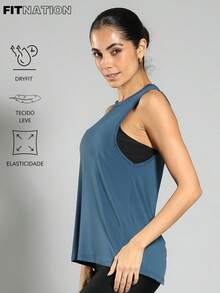 FITNATION Elongated Fitness Tank Top In Perforated Fabric With LYCRA, Ideal For All Sports - Teal Blue - View 2