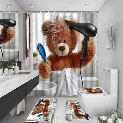1pc Or 4pcs Set, Includes Bear Design Hair Dryer, Bathroom Window Curtain Shower Set With 12-Hook Shower Curtain, Non-Slip Bathtub Mat, U-Shaped Bathtub Cover And Toilet Seat Cover, Suitable As Complete Bathroom Accessory Collection Or Holiday Gift, Home Decor, Bathroom Decoration