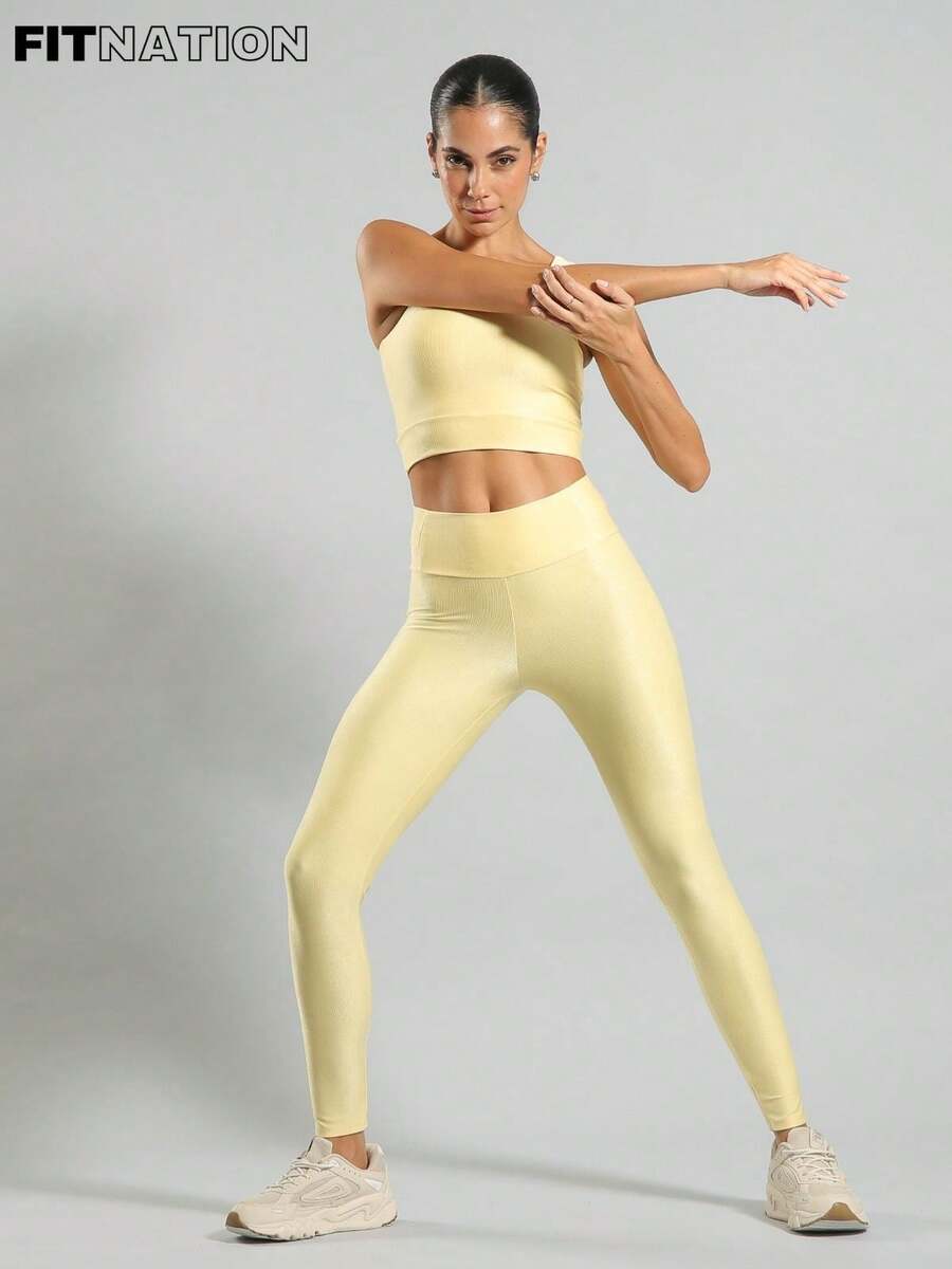 FITNATION Leggings Set With Waistband Pocket + Longline Cropped Top In Micro-Ribbed Fabric With SHINE And HIGH Elasticity And Support. - Yellow - View 1