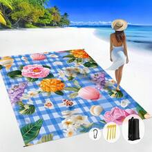1 tấm trải biển cỡ lớn 185*235CM màu xanh kẻ caro, họa tiết hoa và vỏ sò, chống thấm nước và chống cát, phù hợp cho 2-3 người đi nghỉ mát trên bãi biển, nhẹ, mỏng và bền, thích hợp dùng cho cắm trại, dã ngoại ngoài trời. - D - Xem 3