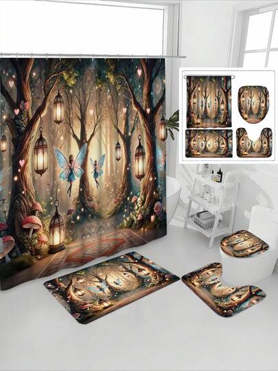 1/4pcs Printed Waterproof Bathroom Curtain Set, Tranquil Healing Pattern, Waterproof Mildew-Proof Thick Polyester, No Drill Installation, Anti-Slip Bath Mat, Absorbent Toilet Pad, Digital Printing, Fade-Resistant, Machine Washable, All Season, Easter Holiday Limited Edition