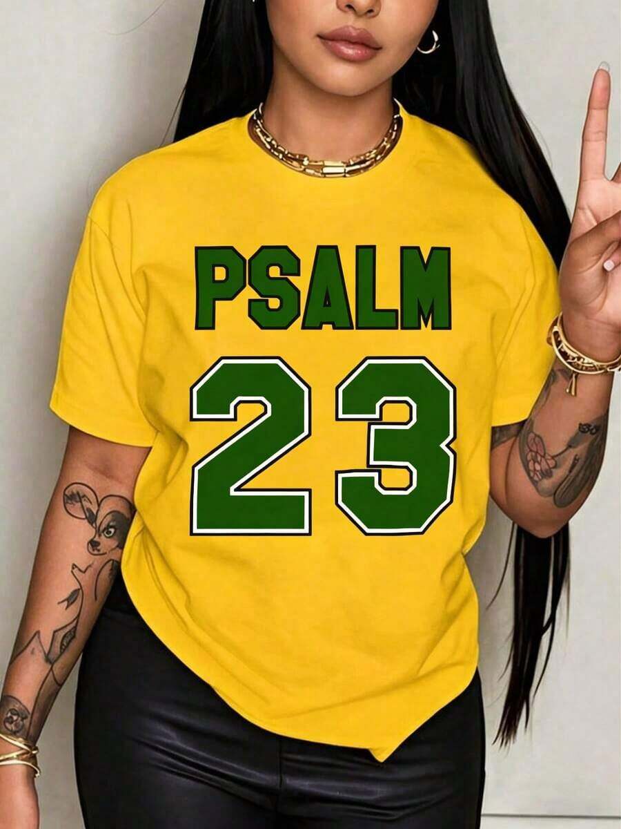 Hot Classic StyleWomen's Psalm 23 Jersey Premium T-Shirt - Casual Short-Sleeve Crew Neck T-Shirt With Bright Green Lettering, Soft And Breathable Fabric, Perfect For Holiday Gatherings And GiftingRound Neck Loose Fit T-Shirt - Màu vàng - Xem 1