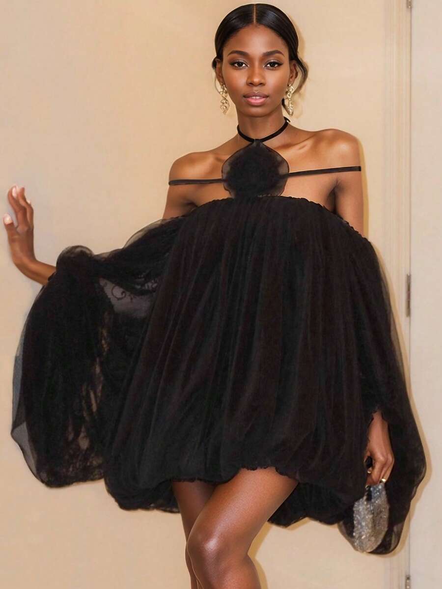 Elegant White Halter A-Line Short Dress With Exaggerated Ruffle Flounce Hem And Puffy Long Lantern Sleeves For Party - Black - View 1