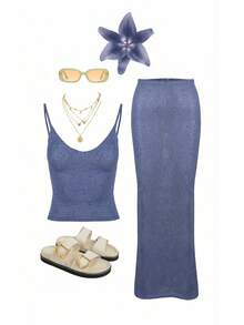 亮片吊带背心和长裙两件套，女士夏季度假装，适合假日、嘉年华、海滩、派对等场合，优雅时尚。 - 藍色 - 查看 6