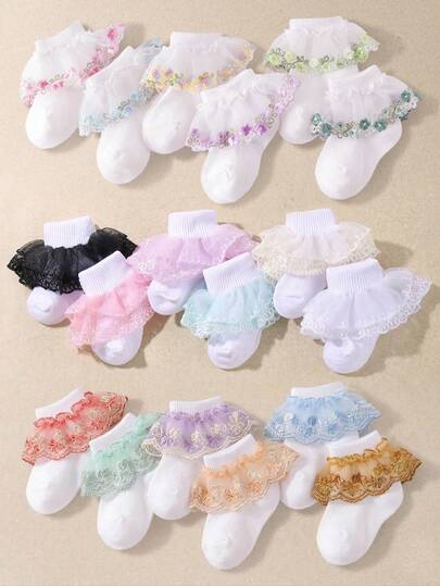 12/6/1 Pair Random Color Baby Girls Lace Dance Socks, Featuring Fashionable Unique Double-Layer Lace Design, Suitable For 0-36 Months Baby Girls Party And Gift Wear. These Adorable Socks Are Made Of Breathable Mesh Fabric, Soft And Comfortable, Can Be Matched With Various Clothes And Skirts, Making Them The Perfect Valentine's Day Gift. The Large Ruffle Lace Trim Design