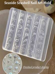 1个法式奶油色裙边美甲模具，3D硅胶模具，适用于树脂工艺品，哥特蛋糕蕾丝裙边奶油色条纹蝴蝶结图案；1个贝壳美甲模具，3D海洋风格贝壳和海星美甲硅胶模具，海洋主题美甲硅胶模具 - 彩色 - 查看 2