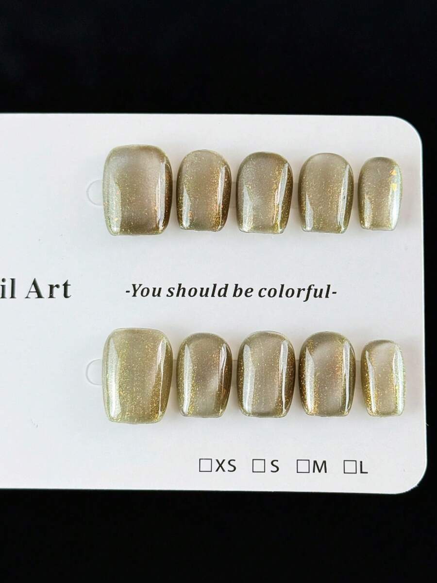 10片高端简约优雅风格，手工绘制深绿色，炫目猫眼手工假指甲，美甲贴纸，适合日常办公、春夏郊游、公园聚会、露营和放风筝。 - 橄欖綠 - 查看 1