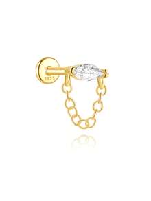 1pc 925 Sterling Silver Flat Back Ear Cuff Earring With Chain & Diamond Stud Earring, Ear Cartilage Earring, Ear Lobe Earring, Ear Cuff Earring For Women, Gift - Gold - View 21