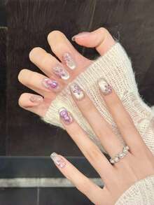 10片手工方形亚克力按压式美甲，中号，柔和裸色，闪亮猫眼，手绘简约紫色葫芦花，前卫优雅简约春季假指甲，夏季美甲，适合派对、日常、约会、海滩、热带度假等场合，DIY美甲，适合女性和女孩作为礼物，美甲用品 - 紫色 - 查看 2