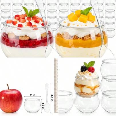 Pack 2 Oz Dessert Cups With Spoons, Plastic Round Appetizer Cups Parfait Disposable Bowls Mousse, Pudding, Salad