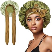 Women Double-Layer Satin Sleep Cap Elastic Tie Band Night Shower Cap Adjustable Hair Cover Bonnet - 薄荷綠 - 查看 2