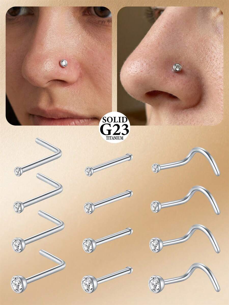 CIZME 2个G23鼻环耳钉，钛合金L型鼻钉，20G鼻环，顶部1.5mm、2mm、2.5mm、3mm立方氧化锆，0.8mm鼻环穿孔饰品 - 銀色 - 查看 1