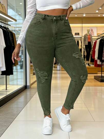Pantalones casuales y versátiles para mujer de talla grande, Pantalones vaqueros elásticos con estilo de moda, sexy y rotos en tallas grandes, Pantalón pitillo denim elástico verde, Talla grande Jeans ajustados desgarro, Curvy