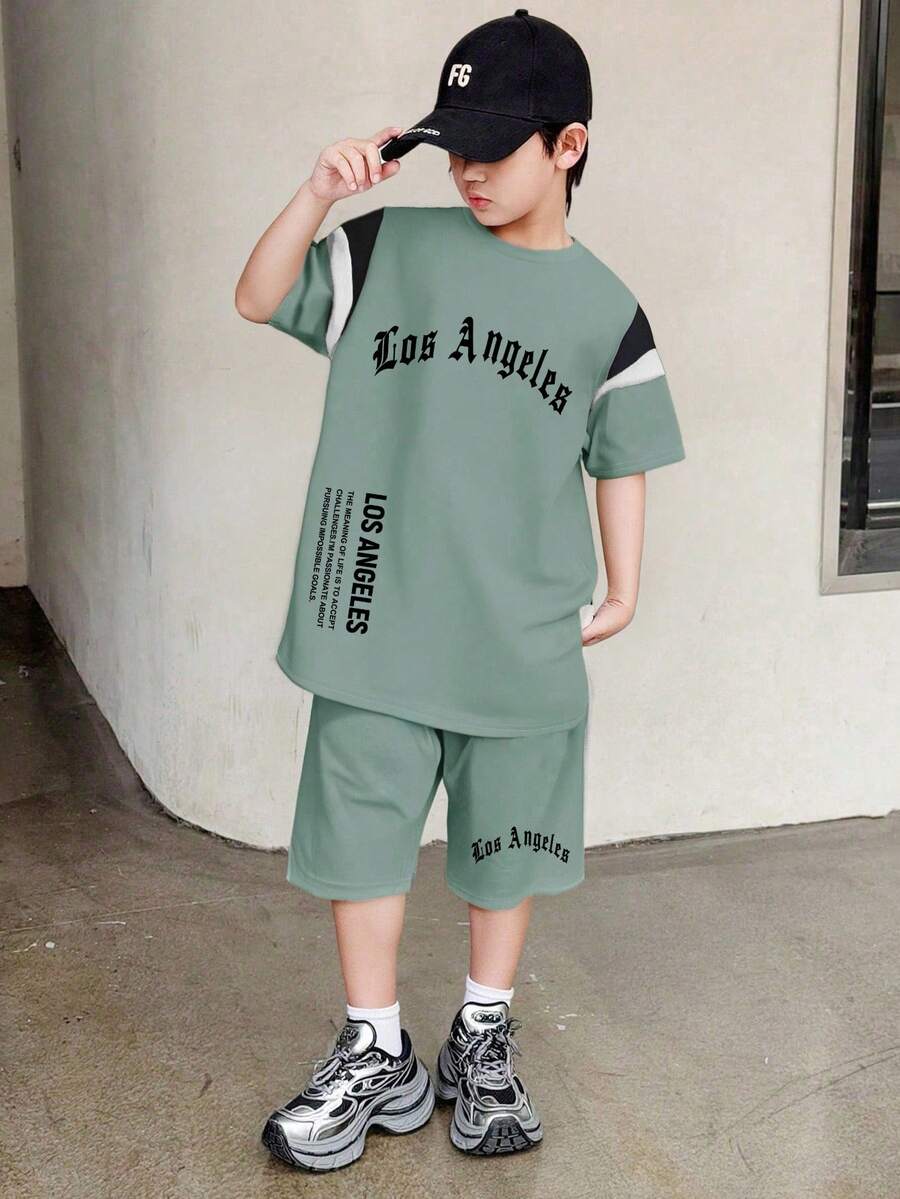 Tween Boy Slogan Print Short Sleeve T-Shirt And Shorts - Green - View 1