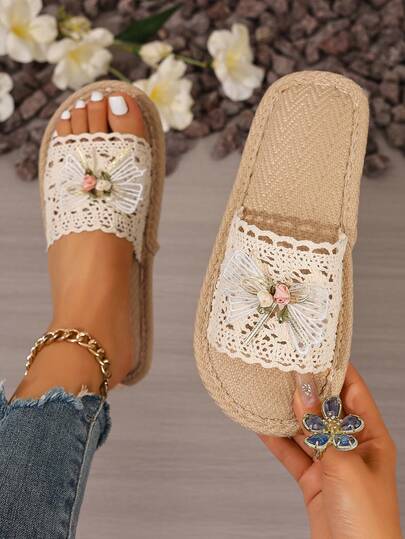 2026 Butterfly Decor Open Toe Flat Slide Sandals, Comfortable For All Seasons