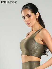 FITNATION Top fitness tipo REGATA em tecido micro canelado com BRILHO e ALTA elasticidade e sustentação - verde musgo - Visão 1