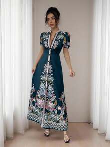 Elegant A-Line Dress For Women, Deep V-Neck, Short Puff Sleeves, Front Button Closure, Slit Hem, Suitable For Formal Occasions, Dinner Dates For Ages 20-35+ Summer - Green - View 7