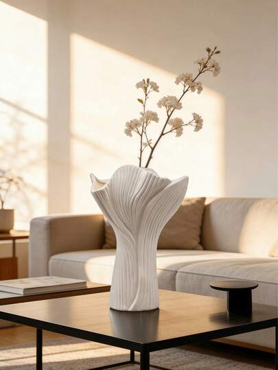 1pc Decorative Vase, Creative Art Vase, Suitable For Home Decor, Cream Color Modern Minimalist Luxury Aesthetic Vase, Applicable For Living Room, Bedroom, Dining Table, Foyer, Study, Wedding, Birthday Party, Holiday Celebration Decoration, Unique Streamlined Texture Design Asymmetrical Opening Vase, Centerpiece Decor For Apartment, Airbnb, Gift For Housewarming, Display Fresh Or Artificial Flowers