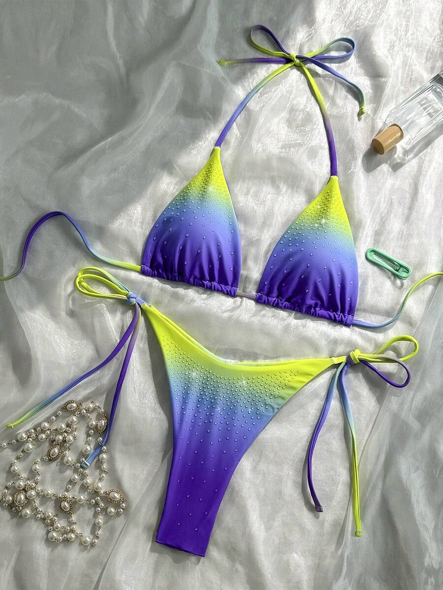 夏季性感时尚渐变水钻吊坠挂脖比基尼两件套，适合海滩、度假、游泳、邮轮等场合 - 藍綠色 - 查看 1