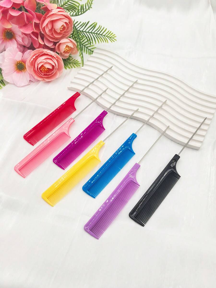 6pcs Steel Needle Comb Set, Styling Hairdressing Tail Comb, Rat Tail Comb, Fine Tooth Comb - Multicolor - View 1