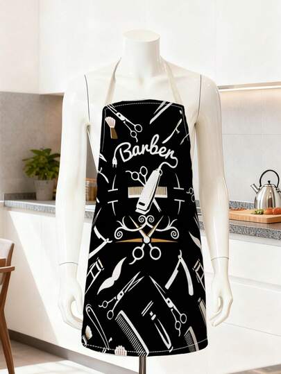 1pc Black & White Printed Apron, 55x68cm, Creative Mustache & Comb Pattern Apron, Holiday Decor, Kitchen Apron, Outdoor, Cleaning Apron, Spring & Summer Decor, Suitable For Spring/Summer, Great Gift