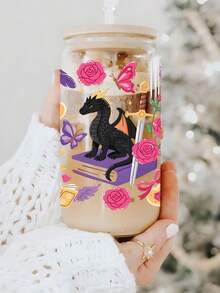 1pc Rose, Butterfly, Star, Magic Dragon Pattern Glass Cup With Lid And Straw, Drinkware, Fantasy Little Black Dragon, Ideal Gift, Souvenir, Suitable For Home And Office - Multicolor - View 2