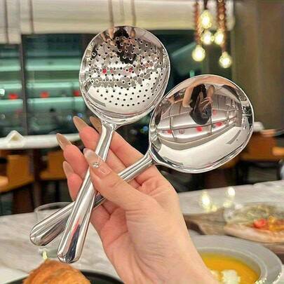 1pc Durable Commercial & Household Kitchen Ladle, With Heat-Resistant Short Handle, Perforated For Easy Cleaning, Suitable For Restaurants And Home Use, Stainless Steel 410 Material, Ergonomic Handle, Sturdy And Durable, Professional Chef, Stainless Steel Spoon, Catering Supplies, Restaurant Equipment