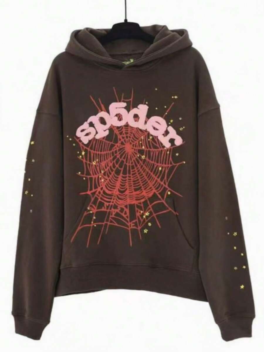 Y2K Men's Hooded Sweatshirt, Spider Web Pattern, Letter Print, Colorful Stars, Street Punk Style, Casual Fitted, Fall & Winter, Graphic Hoodie,There Are Combination Sets, Single Piece Hoodies, Single Piece Sweatpants, And Multiple Choices Couple Outfits - 棕色衛衣 - 查看 1
