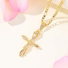 1pc Gold-Plated Crown Jesus Cross Pendant Necklace, Figaro Chain Unisex Catholic Religious Jewelry, Suitable For Church, Baptism And Confirmation - Gold - View 3