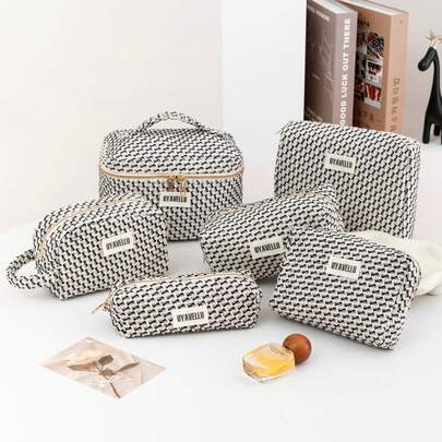 1pc/6pcs Large Capacity Fashionable High-End Black And White Striped Color Block Travel Cosmetic Bag, Portable Travel Toiletry Bag, Cute Color Block Makeup Bag, Portable Storage Pouch, Travel Essential Storage Bag, Back To School Supplies, Bohemian Style Cosmetic Bag, Fashionable Women Wallet And Handbag, Suitable For Home, Travel, Vacation And School, Bedroom Essential, Bridesmaid Gift, Mother's Day Gift, Birthday Gift