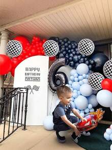2/4/6 piezas Globos de coche de carreras a cuadros de aluminio, globos de coche de carreras a cuadros de 22 pulgadas 4D, globos a cuadros blanco y negro, decoraciones de fiesta de cumpleaños con tema de coche de carreras con cintas negras, adecuado para decoración de fiesta con tema de coche de carreras, baby shower - Multicolor - Ver 8