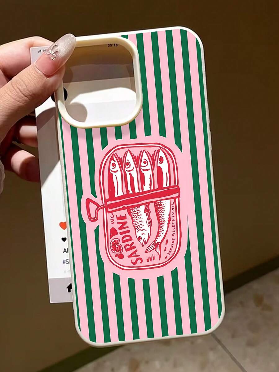 A Simple Cartoon Drawing Striped Sardine Design Mobile Phone Case Suitable For IPhone17 Pro Max/17 Pro/16 Pro Max/16 Pro/16/15 Pro Max/15 Pro/15/14 Pro Max/14/13 Pro Max/13 Pro/13/12 Pro Max/12 Pro/12/11 Dustproof, Waterproof, Shockproof, And Anti Fall Soft Shell - Beige - View 1