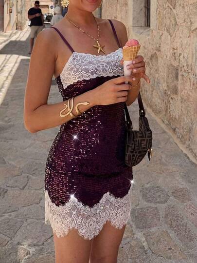 Women's Summer Colorblock Lace & Sequin Slip Dress, Suitable For Party & Gala Spring Wedding