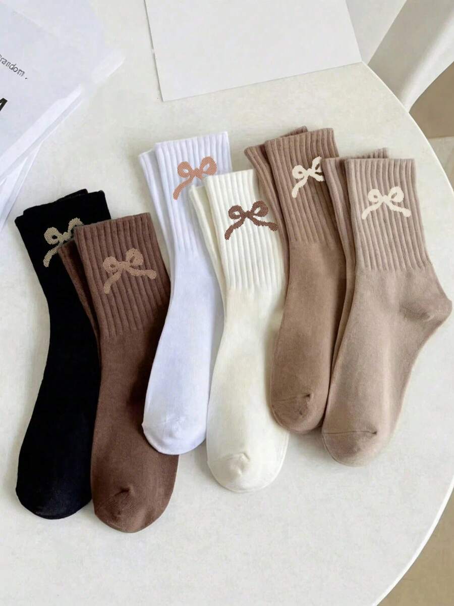 1/3/5/ Pairs Random Women Crew Socks With Bow Design, Comfortable Casual Moisture-Wicking Socks, Fun, Unique, Personalized Gift Idea For Spring/Summer, Women's Socks - Multicolor - View 1