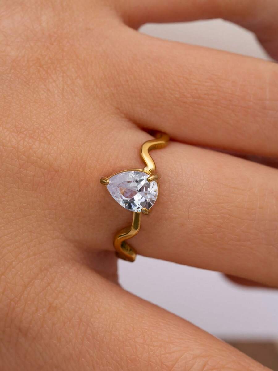 Women's Stainless Steel Water Drop Shaped Ring With Rhinestones, Fashionable And Elegant For Daily Wear, Summer - Yellow Gold - View 1