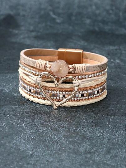 Pulsera de capas con decoración de corazón de rhinestone, regalo para el Día de la Madre