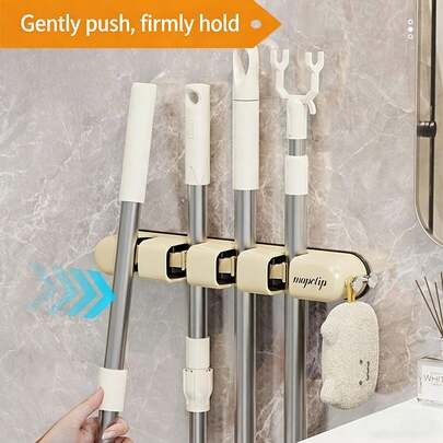 Wall Mounted Mop Holder Clip, No Drilling Bathroom Broom Mop Hanger Adhesive Hook Rack