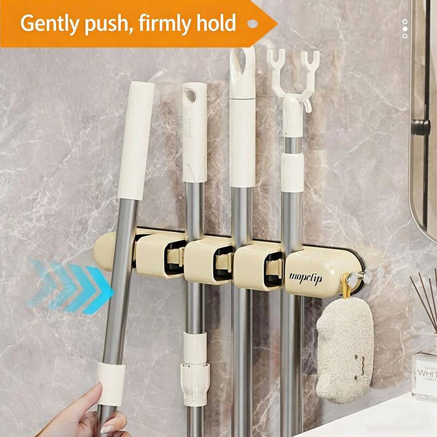 Wall Mounted Mop Holder Clip, No Drilling Bathroom Broom Mop Hanger Adhesive Hook Rack - View 1