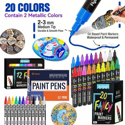 12-24pcs Oil-Based Paint Marker Pens Set, 12-24 Colors Quick Dry Permanent Markers, Medium Tip, Suitable For Metal, Wood, Fabric, Plastic, Rock Painting, Stone, Mugs, Canvas, Glass And More Surfaces - Medium Tip, Plastic Material