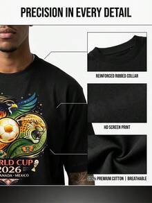 Men's FIFA World Cup 2026 Themed T - Shirt With Eagle, Jaguar, Maple Leaf & Soccer Ball Print - 100% Cotton, Breathable & Comfortable, Essential For Cheering On Your Favorite Team - 黑色 - 查看 2