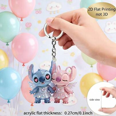 Disney 2D Flat, 1pc, New Fun Embossed Acrylic Keychain Featuring Stitch And Angel, A Practical, Beautiful, And Novel Keychain/Key Ring. Suitable As A Holiday Gift Decoration, Car Keychain, Or Backpack/Wallet Keychain, 2D Flat