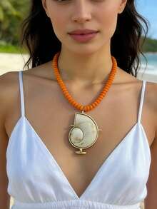 Kalung Rantai Mutiara Liontin Cangkang Resin Wanita ZA | Perhiasan Laut Gaya Bohemian Aneka Warna, Hadiah Paskah, Aksesori Pesta Pantai - Keong resin - View 9