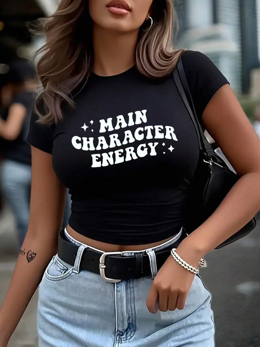 Women'S Summer Short Sleeve Crop Top With Letter Pattern Print - màu đen - Xem 1